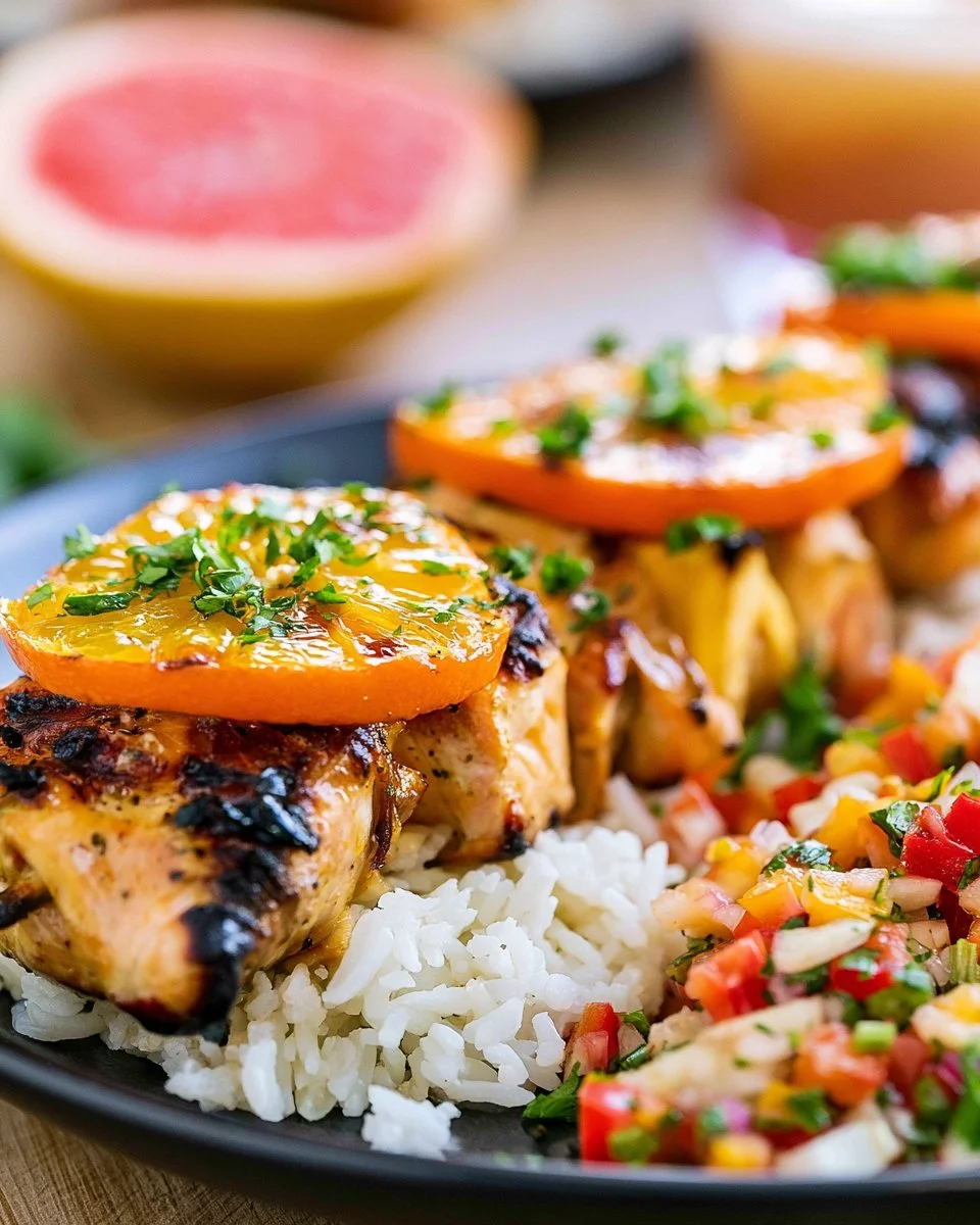 Citrus grilled salmon skewers on the grill, garnished with fresh herbs.