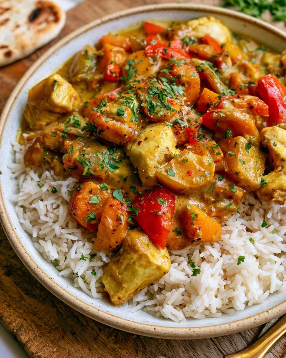 Bowl of creamy coconut curry with vegetables and herbs