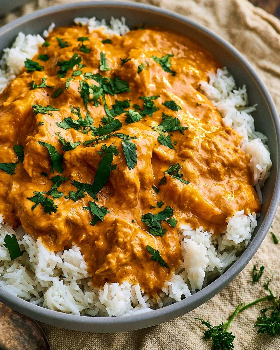 Delicious Coconut Mango Chicken Curry served with rice and garnished with cilantro.