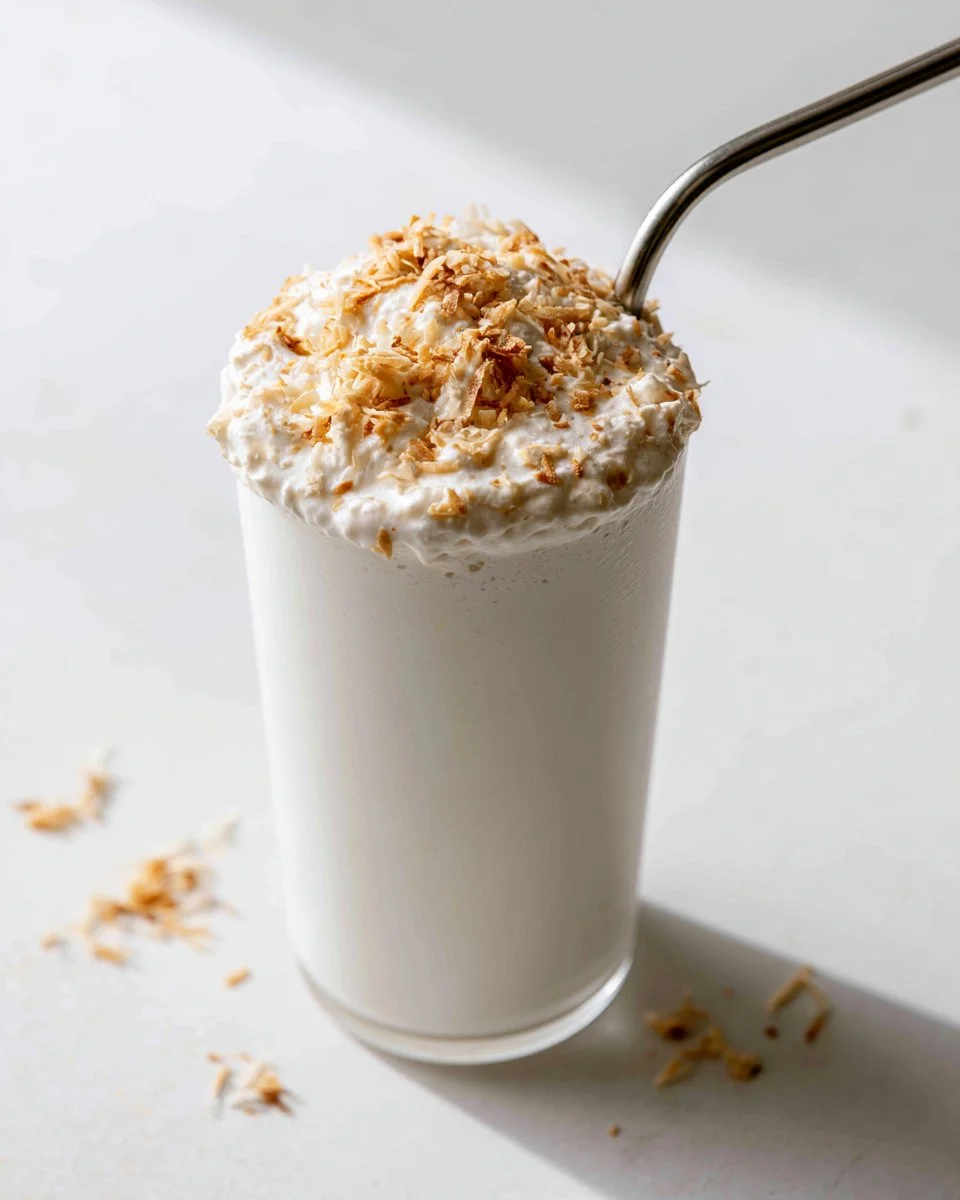 Delicious coconut milkshake topped with whipped cream and fresh coconut flakes