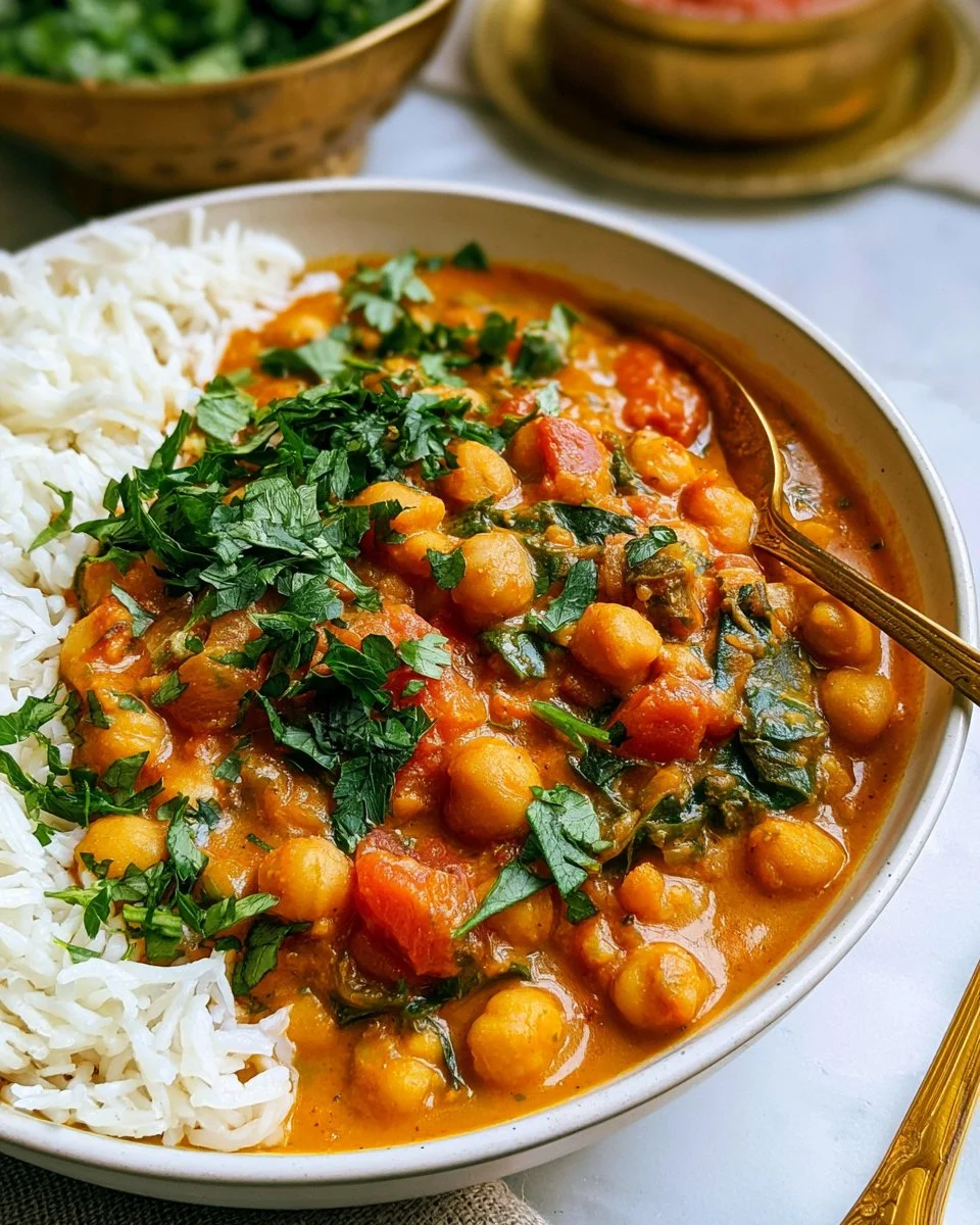 Bowl of cozy chickpea curry garnished with herbs and served with rice