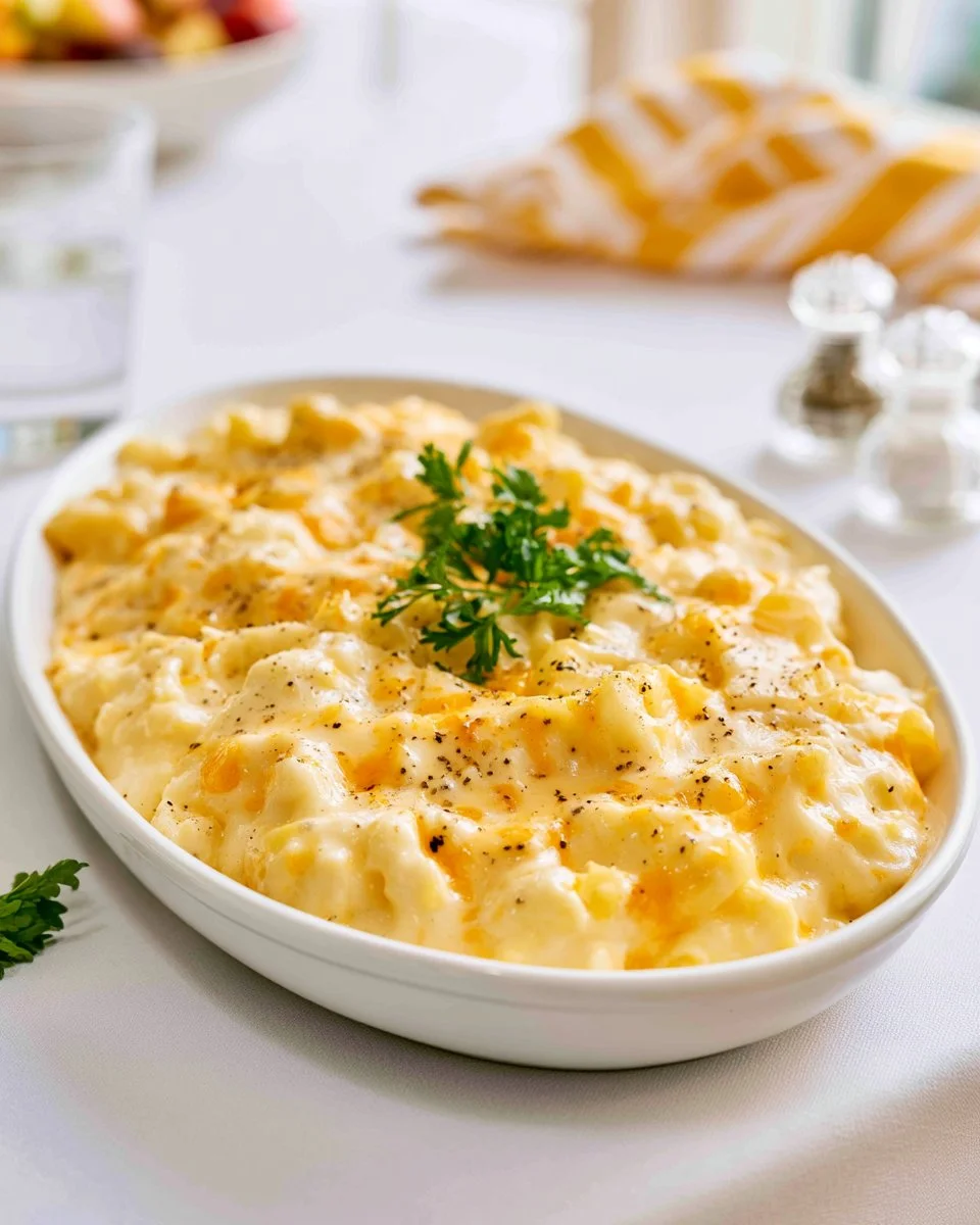 Bowl of creamed eggs served with toast and herbs