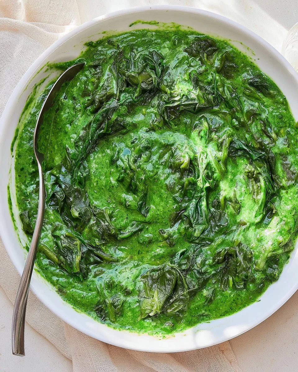 Creamed kale and spinach dish served in a bowl, ready to enjoy.