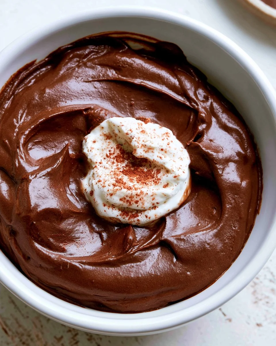 Creamy avocado chocolate mousse topped with berries on a white plate