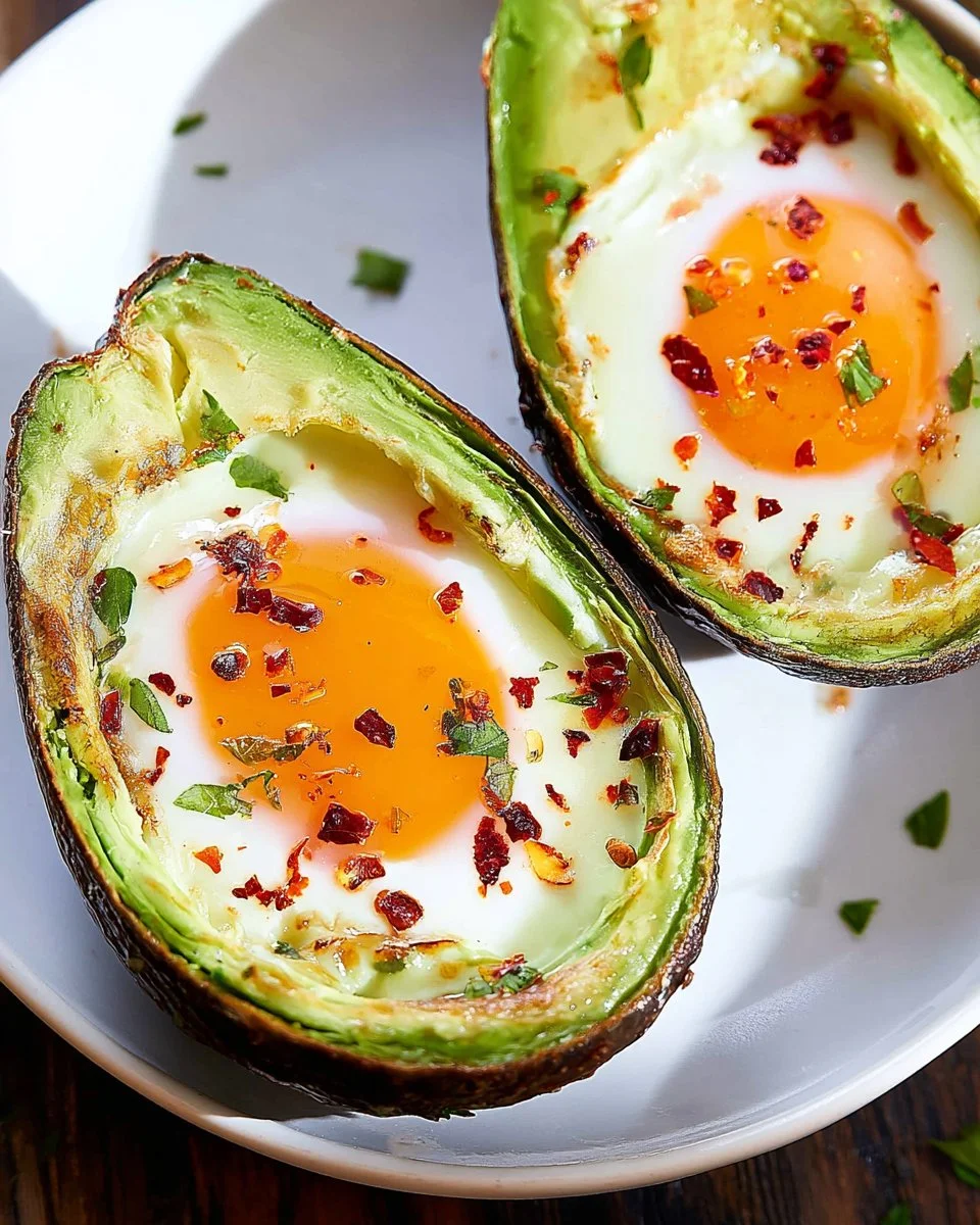 Creamy avocado egg bake served in a dish, topped with herbs and spices.
