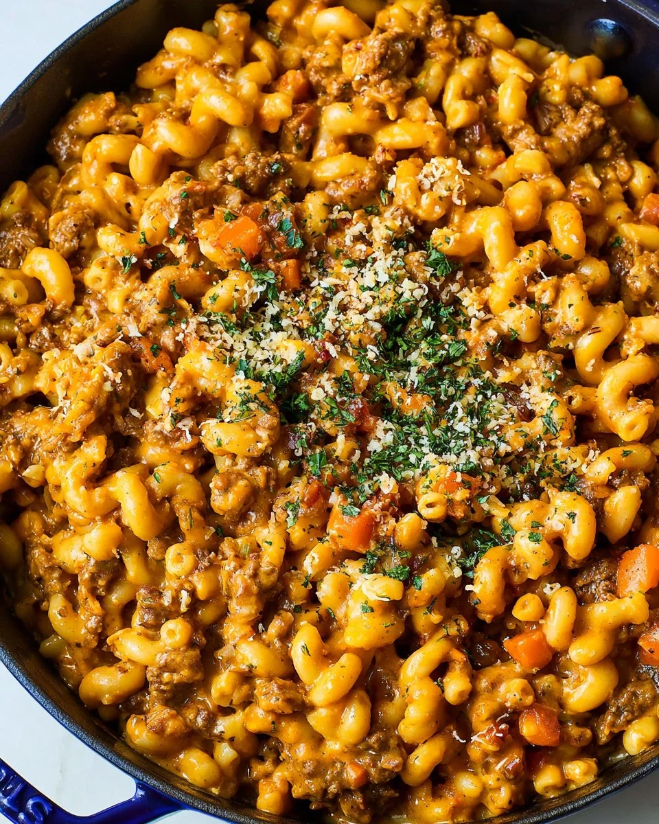 Creamy cheddar beef pasta dish served in a bowl