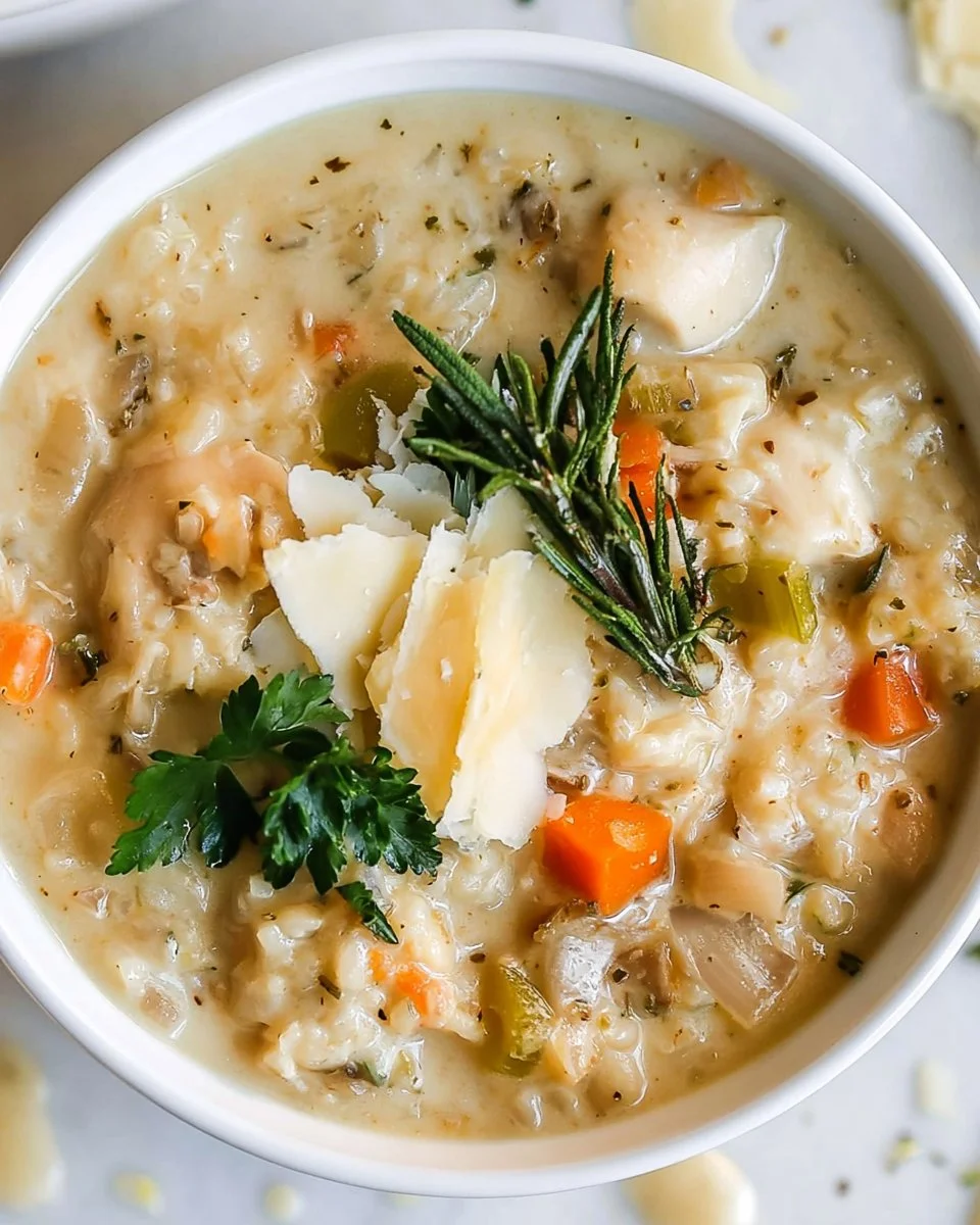 Bowl of creamy chicken and rice soup garnished with herbs