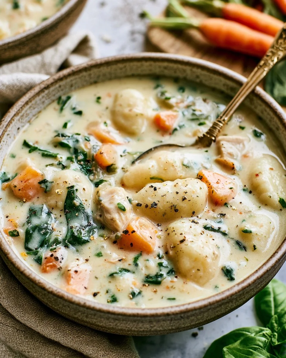 Bowl of creamy chicken gnocchi soup with vegetables and herbs