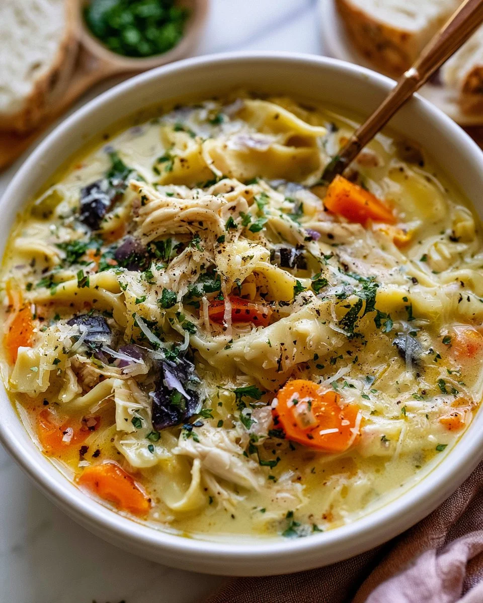 Bowl of creamy chicken noodle soup garnished with parsley and fresh vegetables.