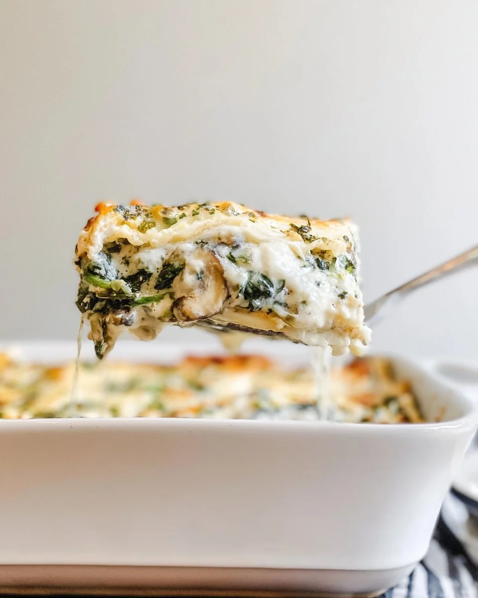 Creamy spinach and mushroom lasagna layered with cheese and pasta