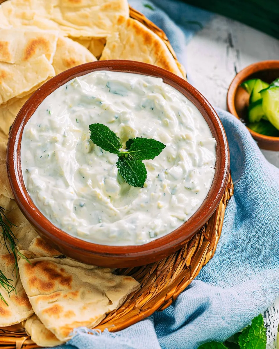 Creamy vegan tzatziki sauce made with tofu in a bowl