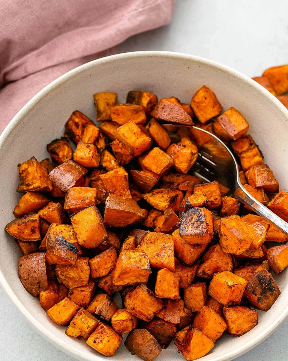 Crispy and cubed roasted sweet potato served in a bowl with herbs.