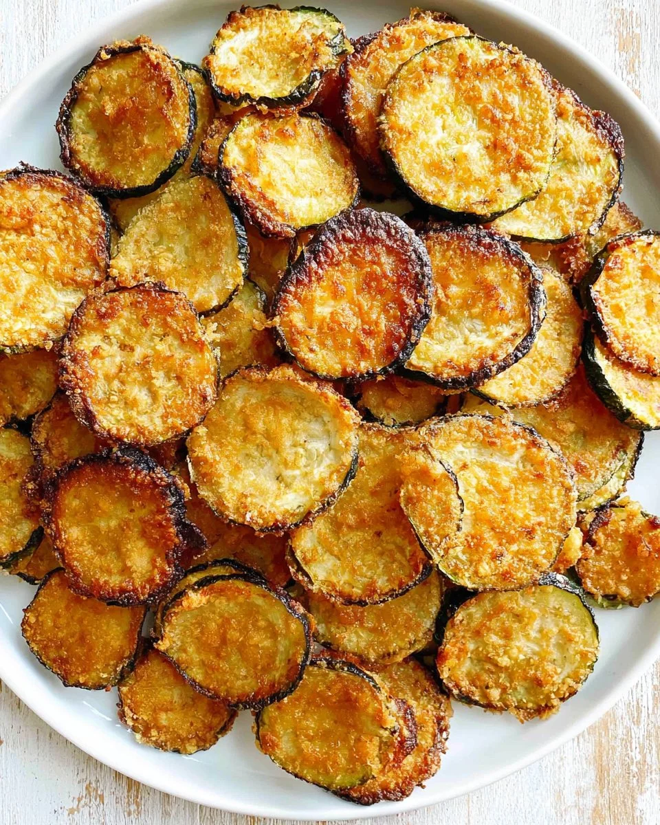 Crispy baked zucchini chips on a plate, healthy snack option
