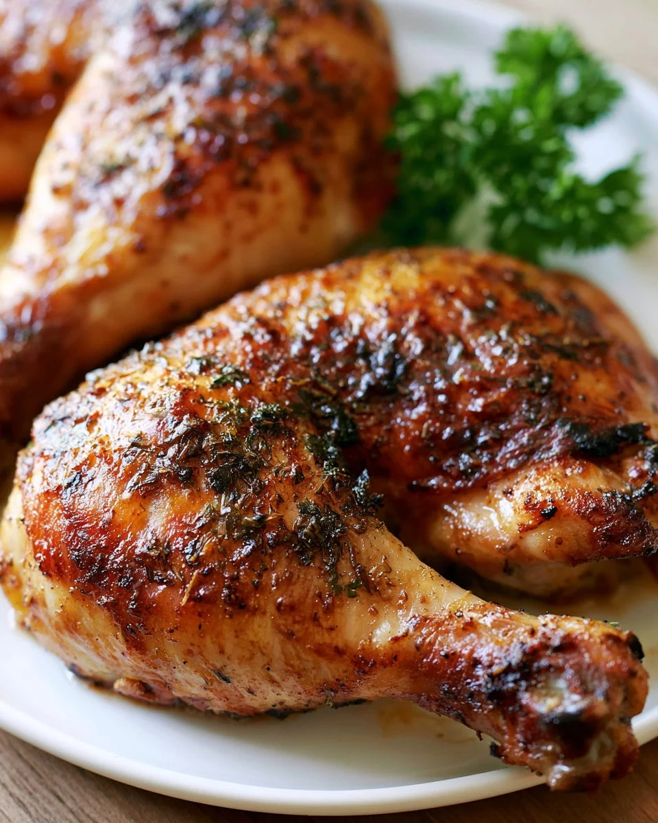 Crispy chicken leg quarters served with sides on a plate