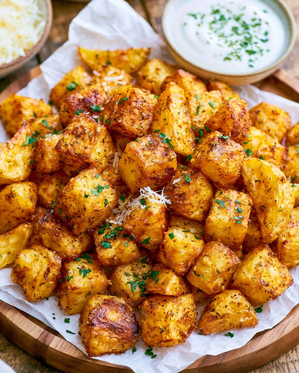 Bowl of crispy garlic roasted potatoes garnished with fresh herbs