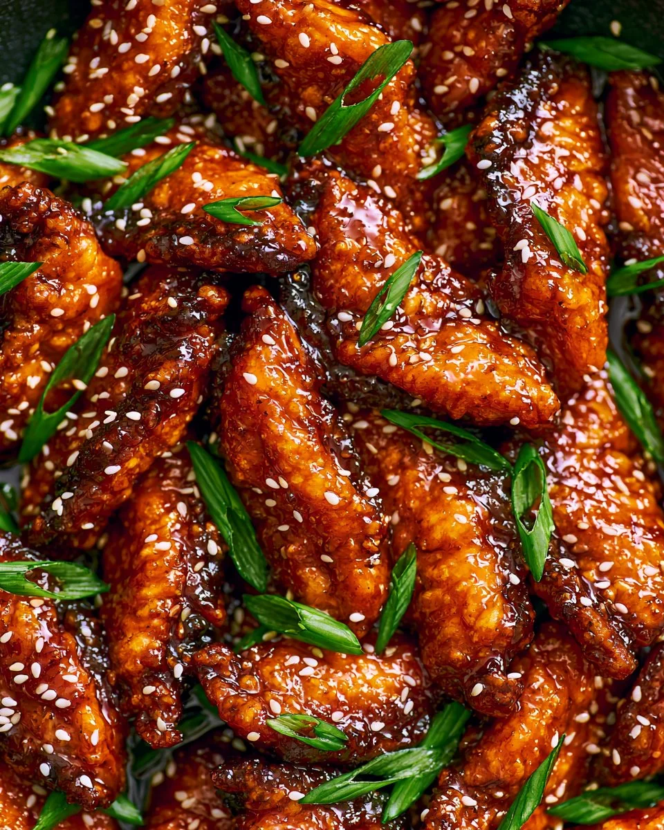 Plate of crispy Mongolian chicken garnished with green onions and sesame seeds