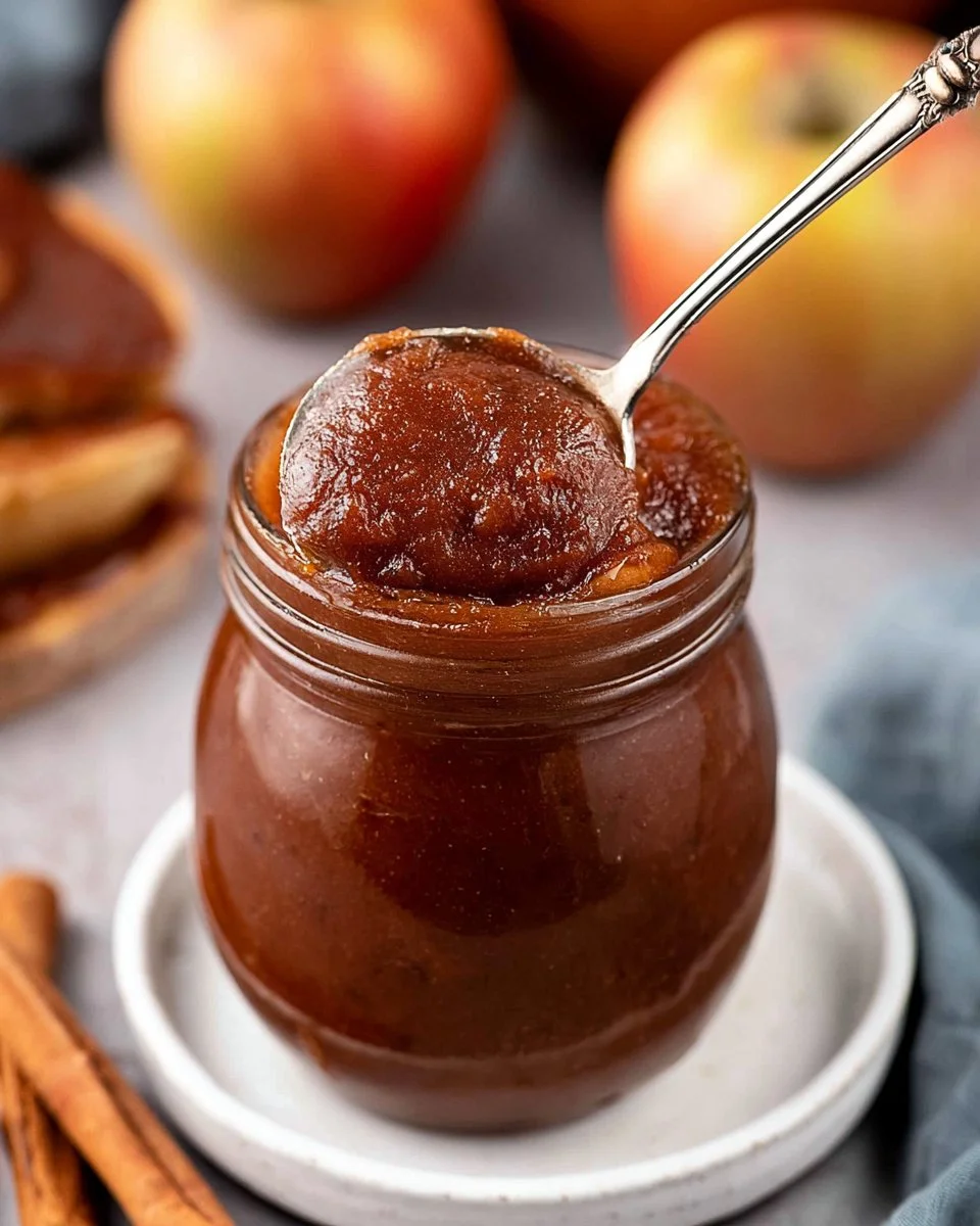 Homemade Crockpot apple butter in a jar with fresh apples.