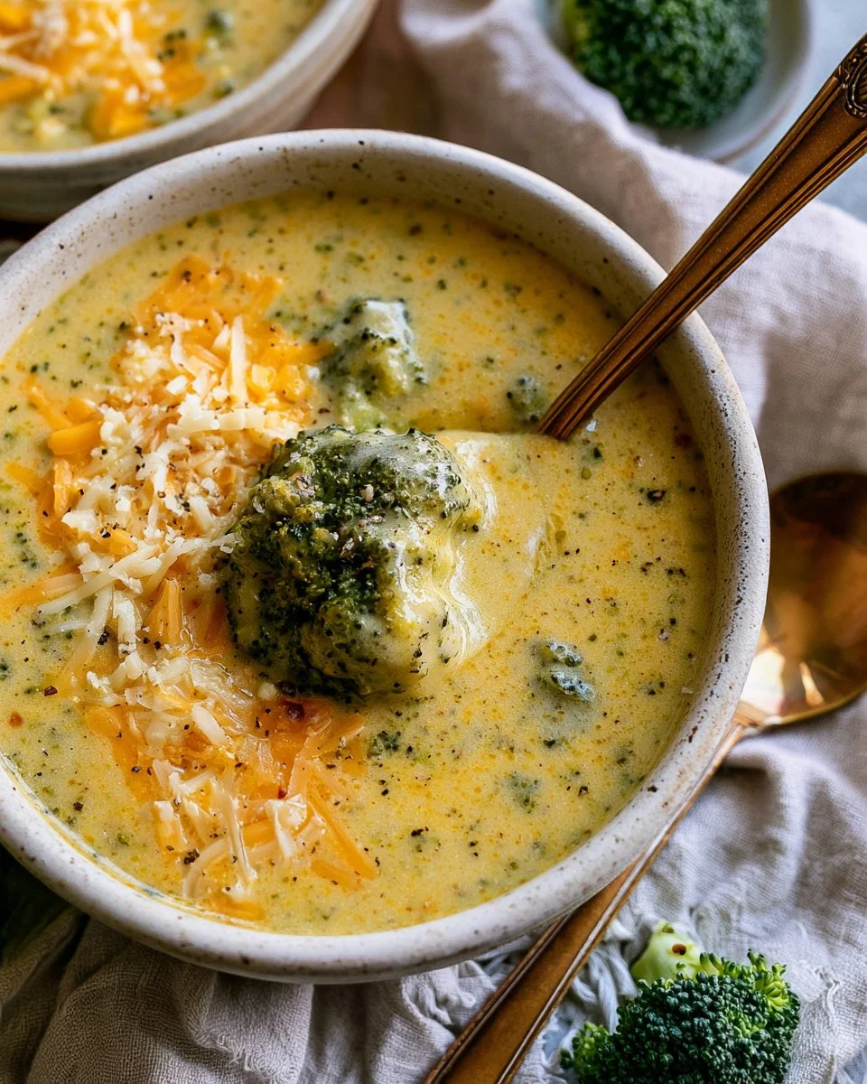 Bowl of delicious crockpot broccoli and cheese soup topped with herbs