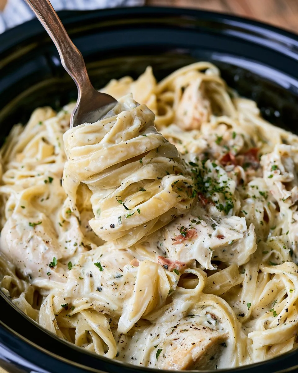Crockpot Chicken Alfredo dish served in a bowl with garnishes.