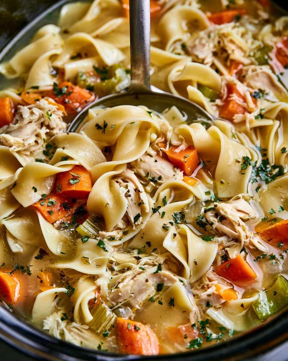 Bowl of delicious Crockpot Chicken Noodle Soup with vegetables and herbs