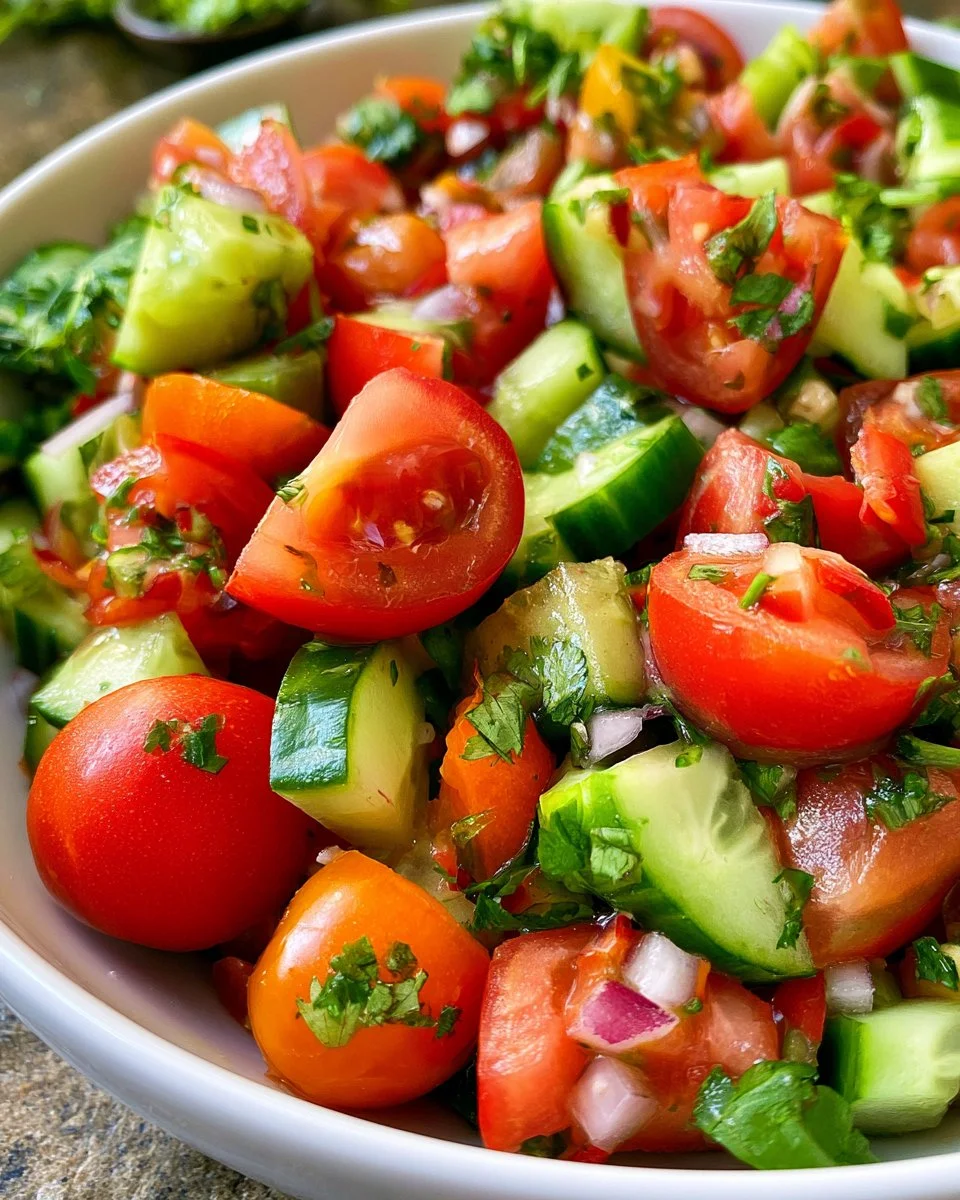 Fresh Cucumber Tomato Salad garnished with herbs and served in a bowl