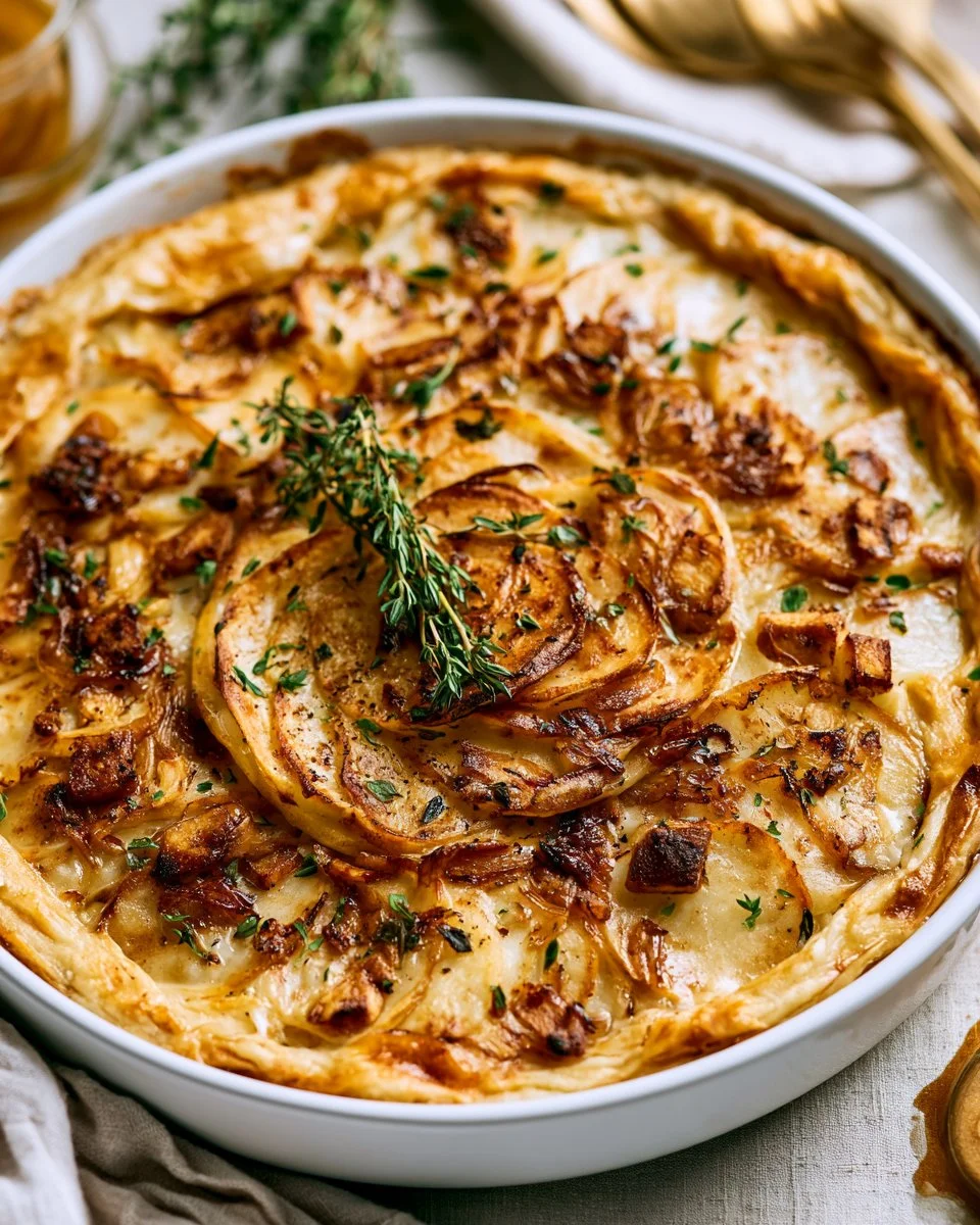 Dairy-free scalloped potatoes with smoked tofu served on a plate