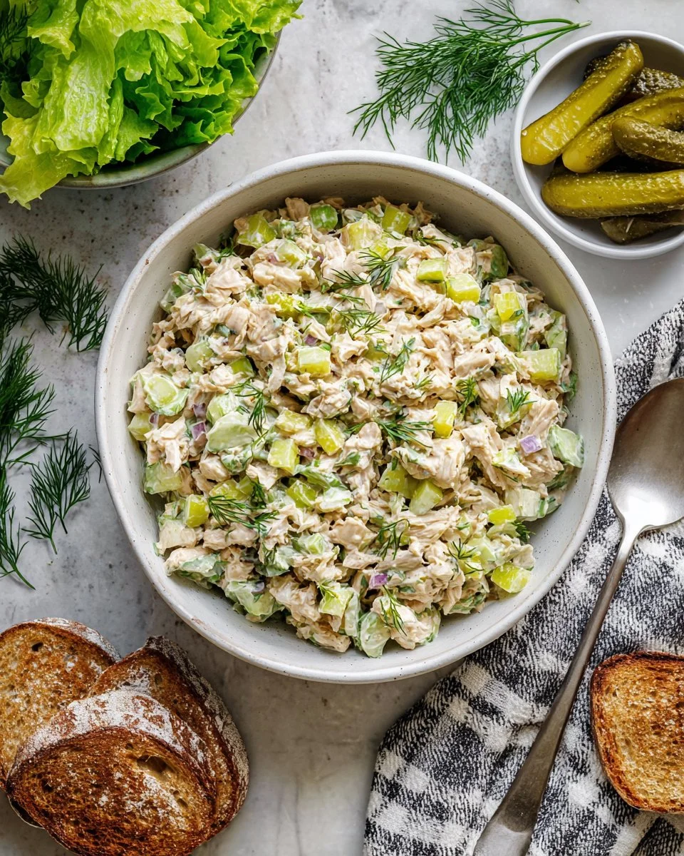 Dill Pickle Chicken Salad served in a bowl with fresh ingredients