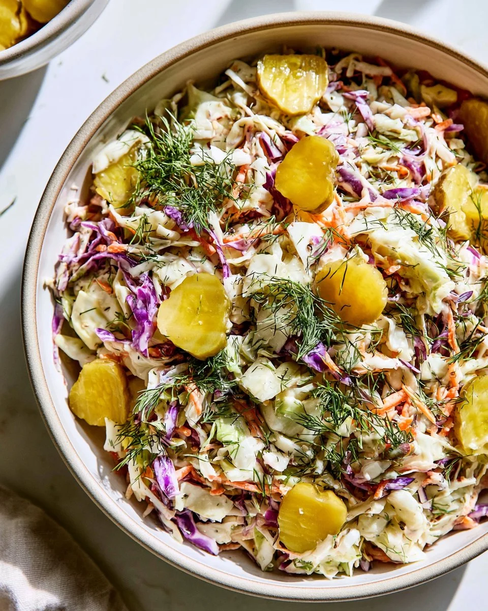 Delicious dill pickle coleslaw served in a bowl with fresh vegetables