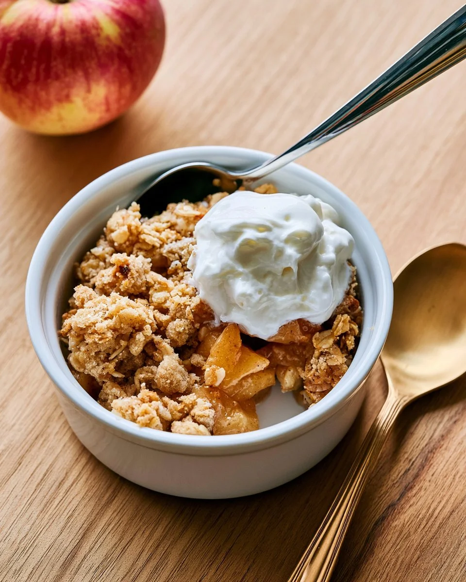 Single serving of easy apple crisp with a golden topping