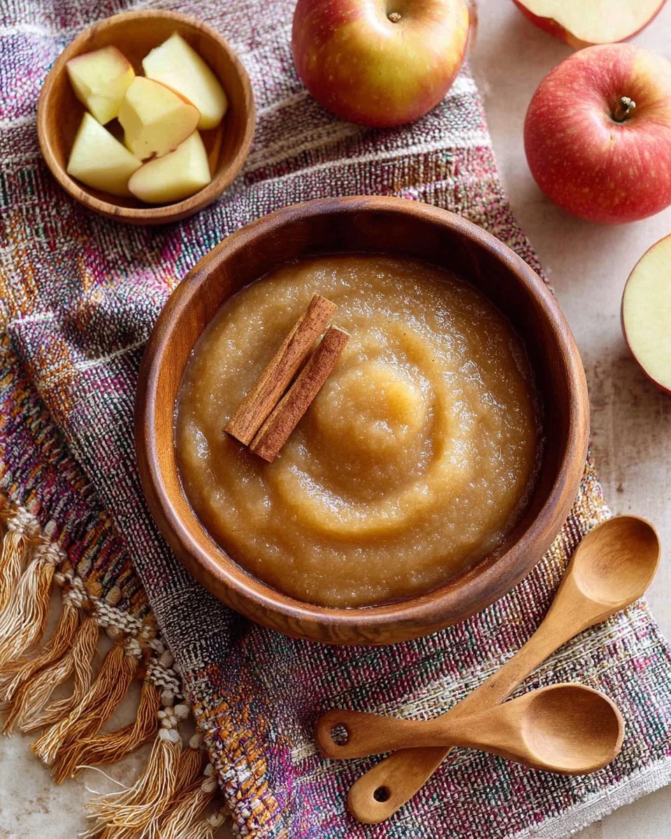 Bowl of easy homemade applesauce with fresh apples on the side.