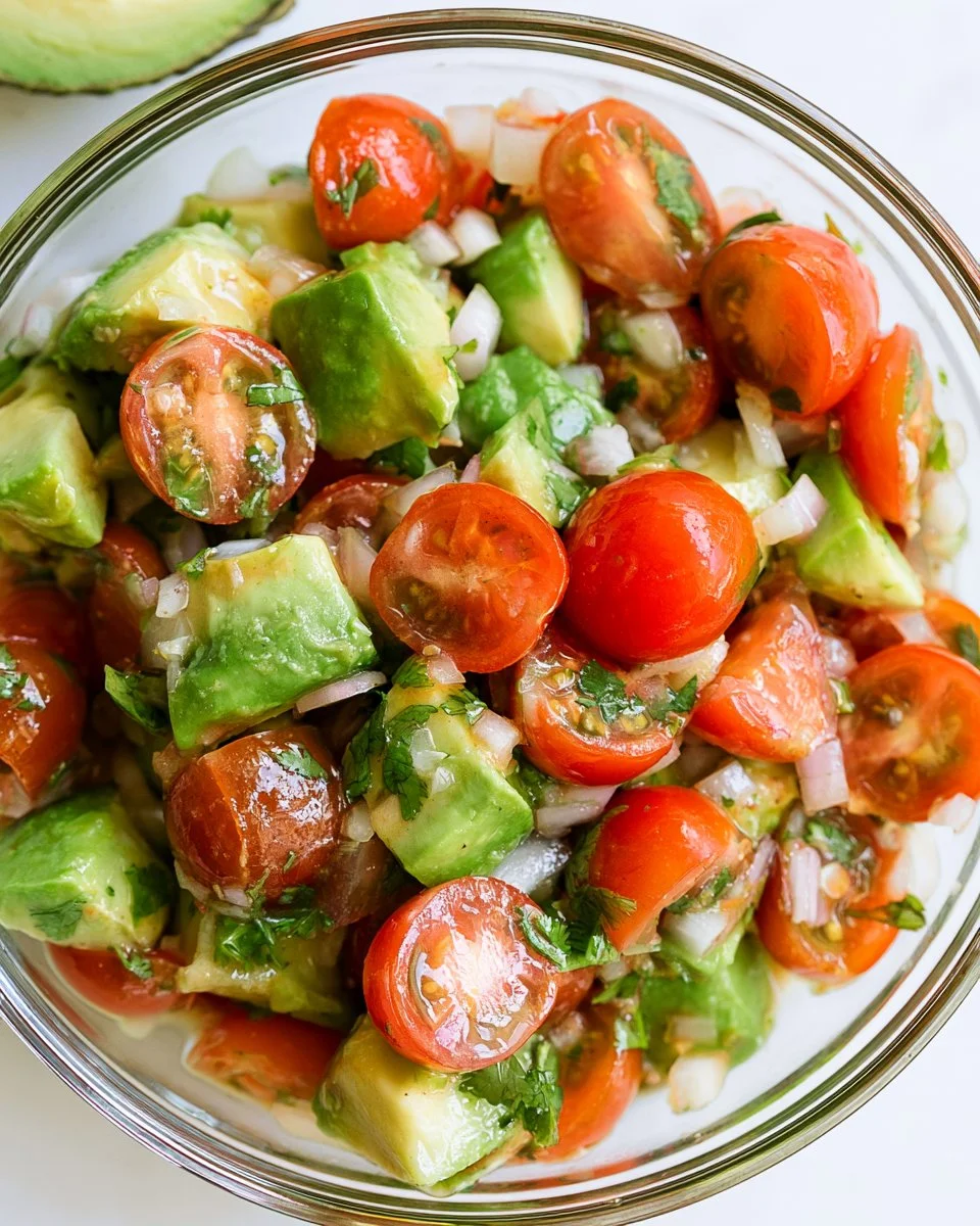 One bowl easy avocado salad with fresh vegetables and lime dressing