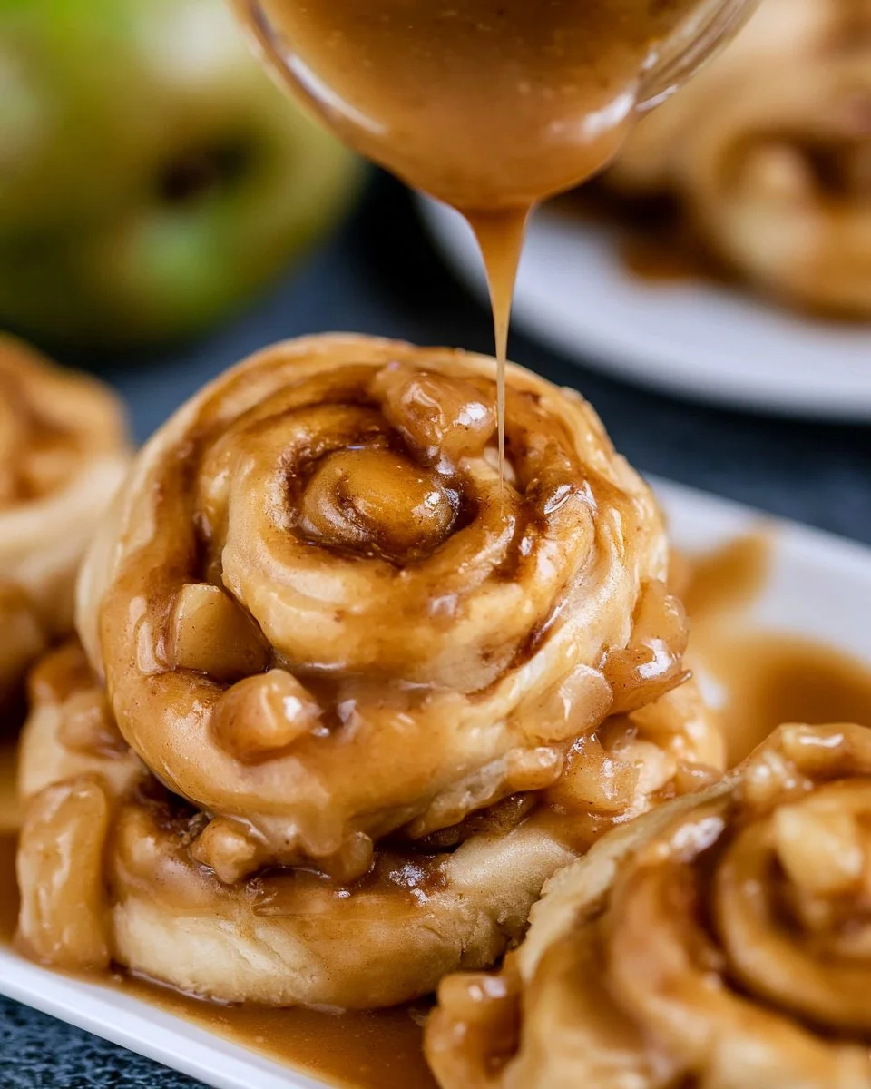 Delicious easy caramel apple cinnamon rolls with melted caramel and fresh apples