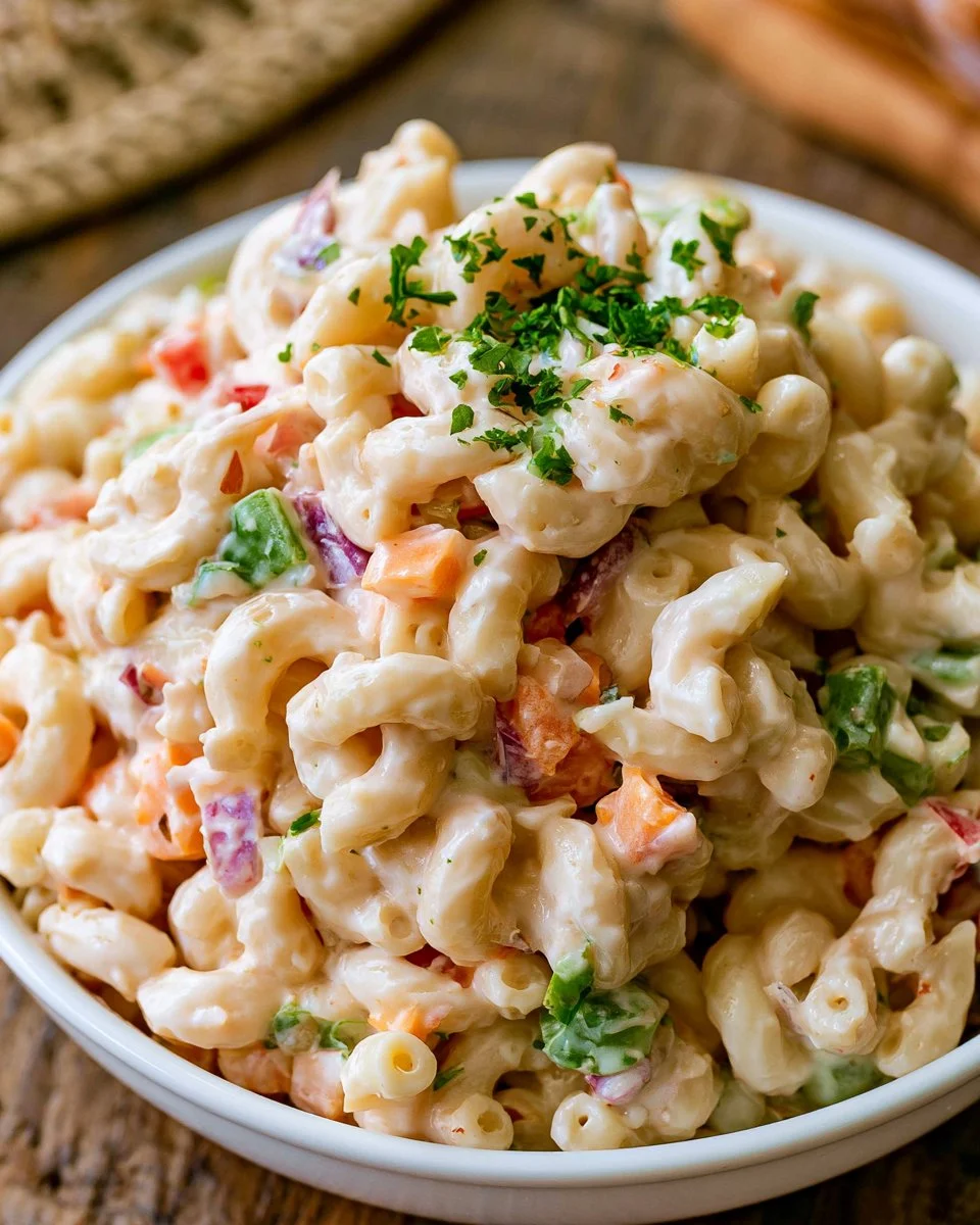Creamy macaroni salad served in a bowl with fresh vegetables