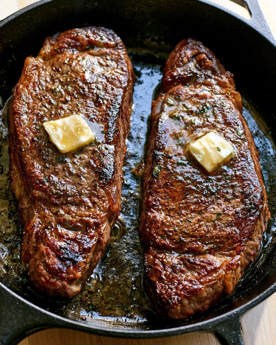 Juicy New York Strip Steak cooked to perfection on a grill.
