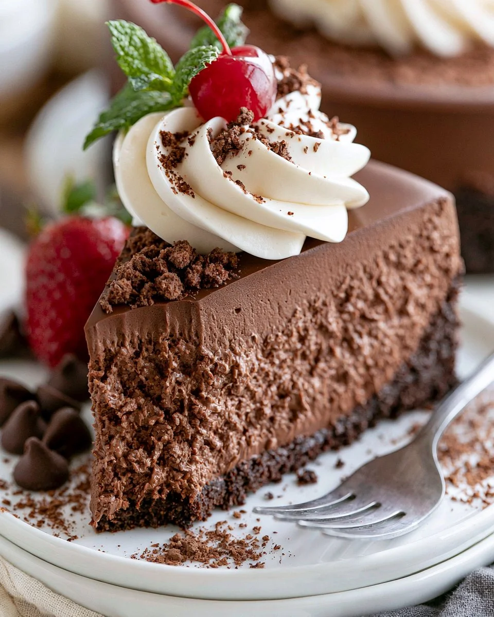 No bake chocolate cheesecake topped with chocolate shavings
