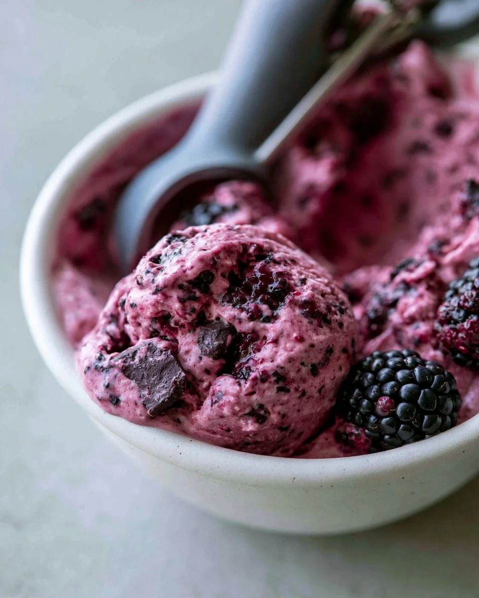 Delicious no-churn blackberry chocolate chunk ice cream in a bowl