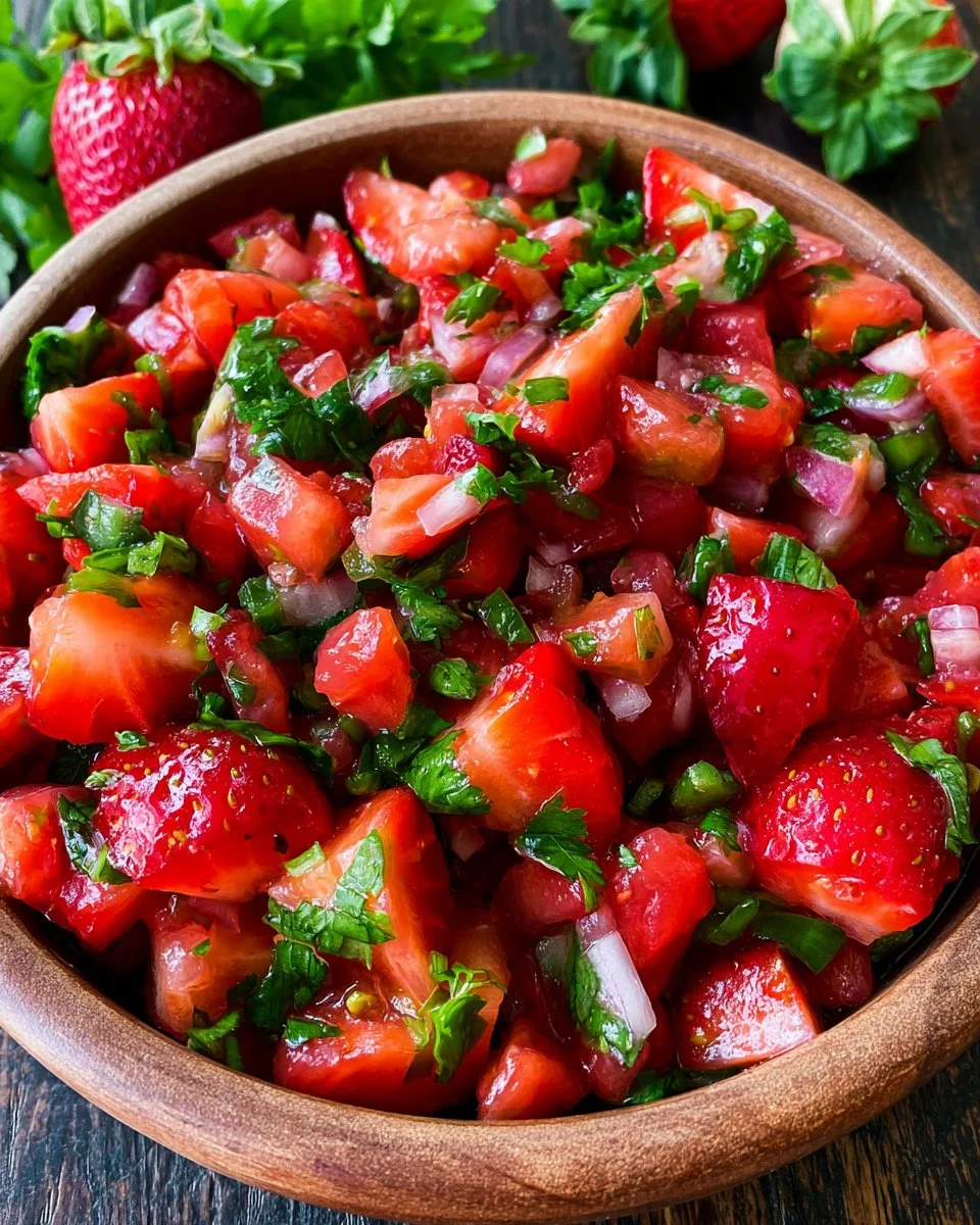 Delicious and vibrant one pot strawberry salsa in a serving bowl