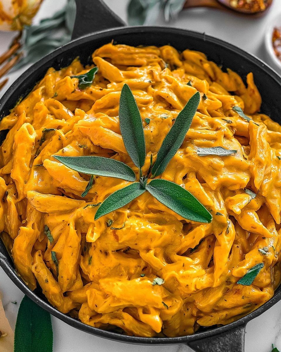 Creamy easy pumpkin pasta sauce with fresh ingredients served over pasta