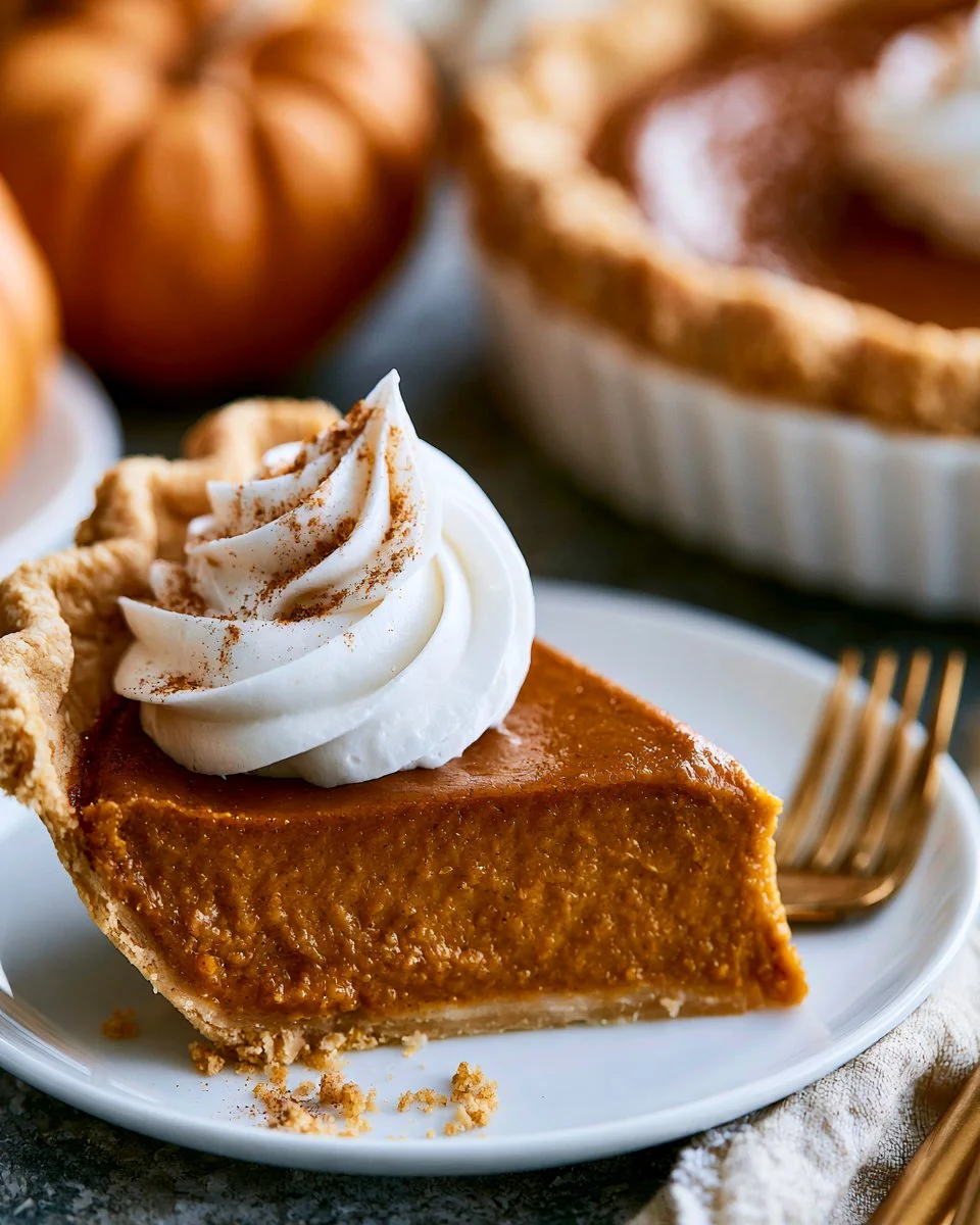 Slice of easy pumpkin pie topped with whipped cream on a rustic table