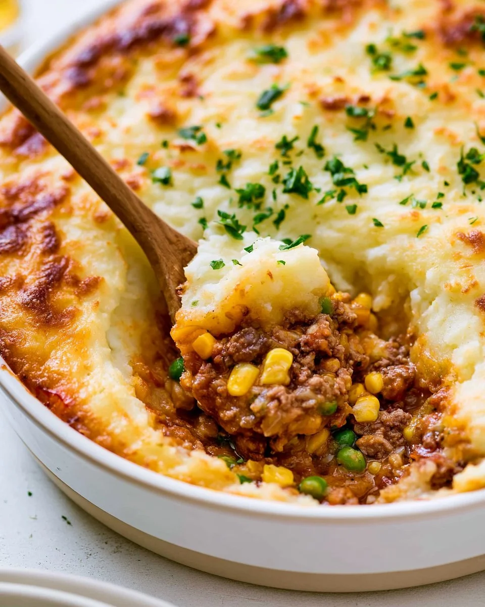 Delicious easy Shepherd's Pie served with mashed potatoes and ground meat.