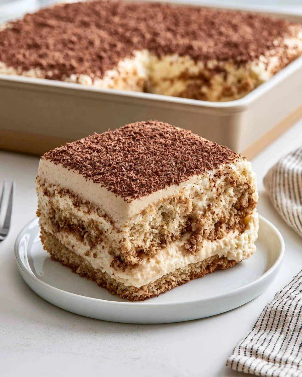 Delicious easy tiramisu poke cake topped with coffee and cream layers.
