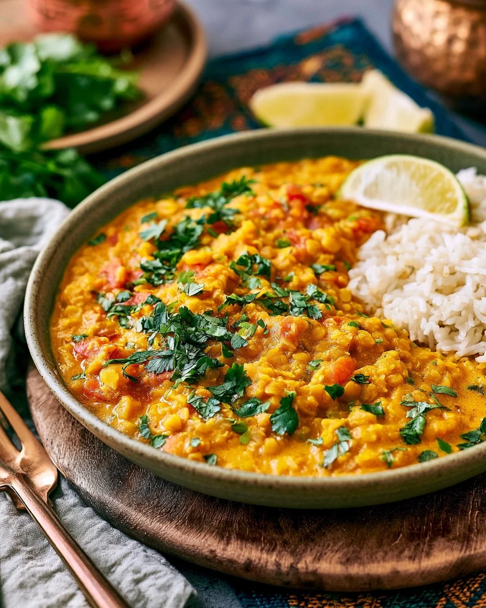 Bowl of easy vegan red lentil curry with coconut milk and spices