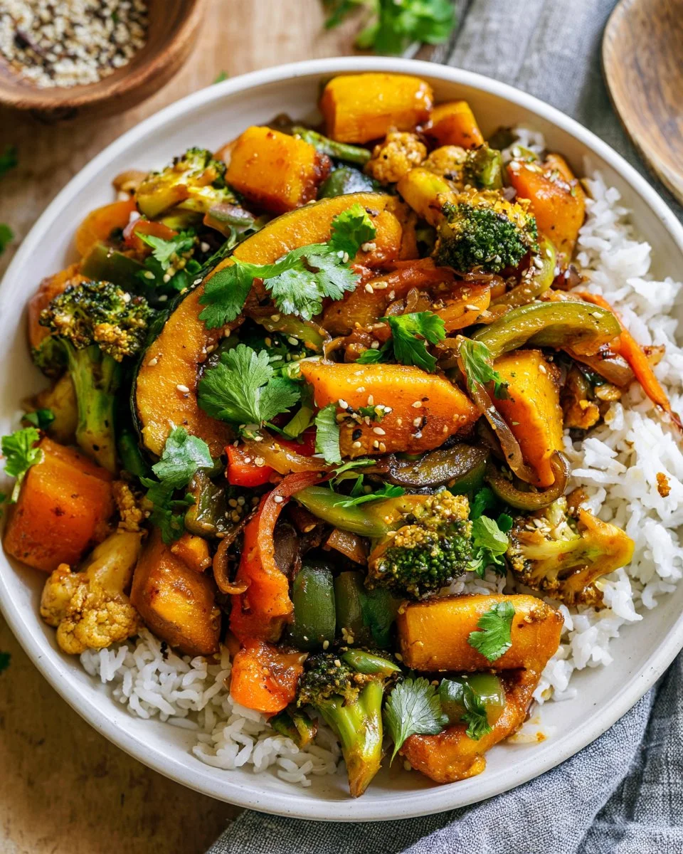 Vegan gluten-free vegetable pumpkin stir-fry served in a colorful bowl