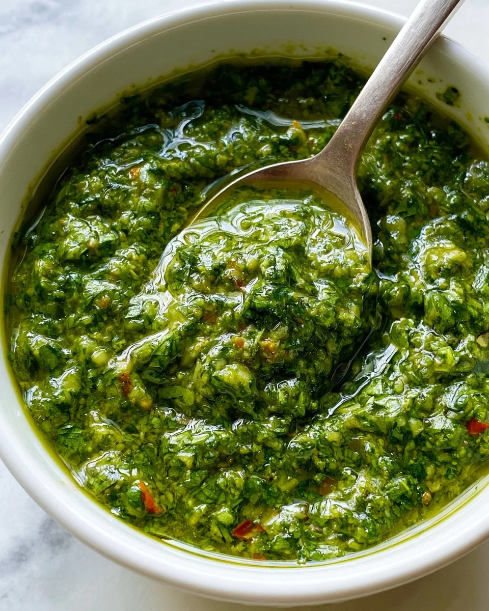 Easy Zhoug Sauce in a bowl garnished with fresh herbs and spices