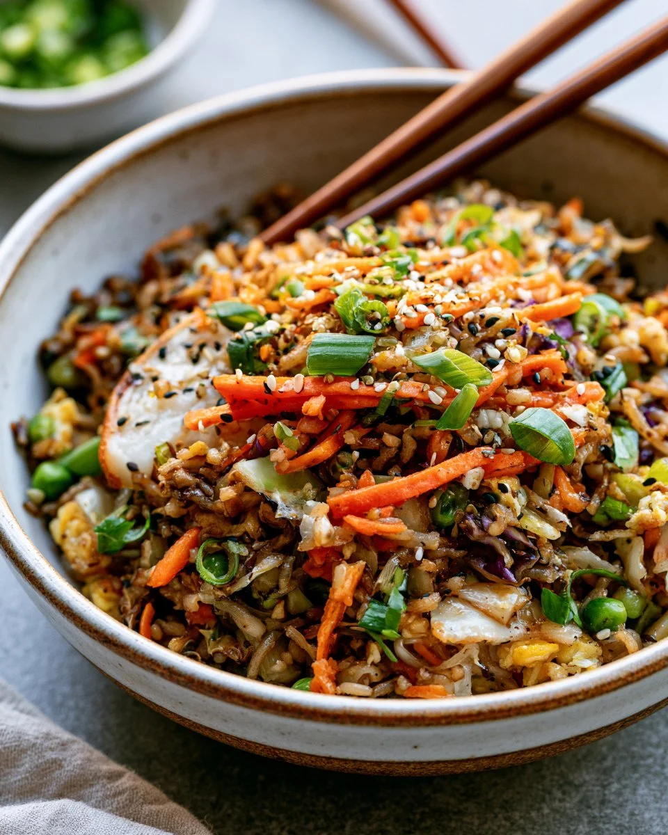 A delicious egg roll in a bowl with fresh vegetables and savory flavors