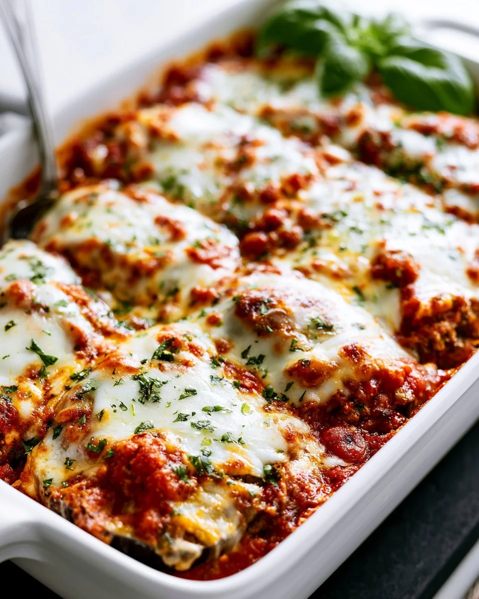 Delicious homemade Eggplant Parmesan with layers of eggplant and cheese