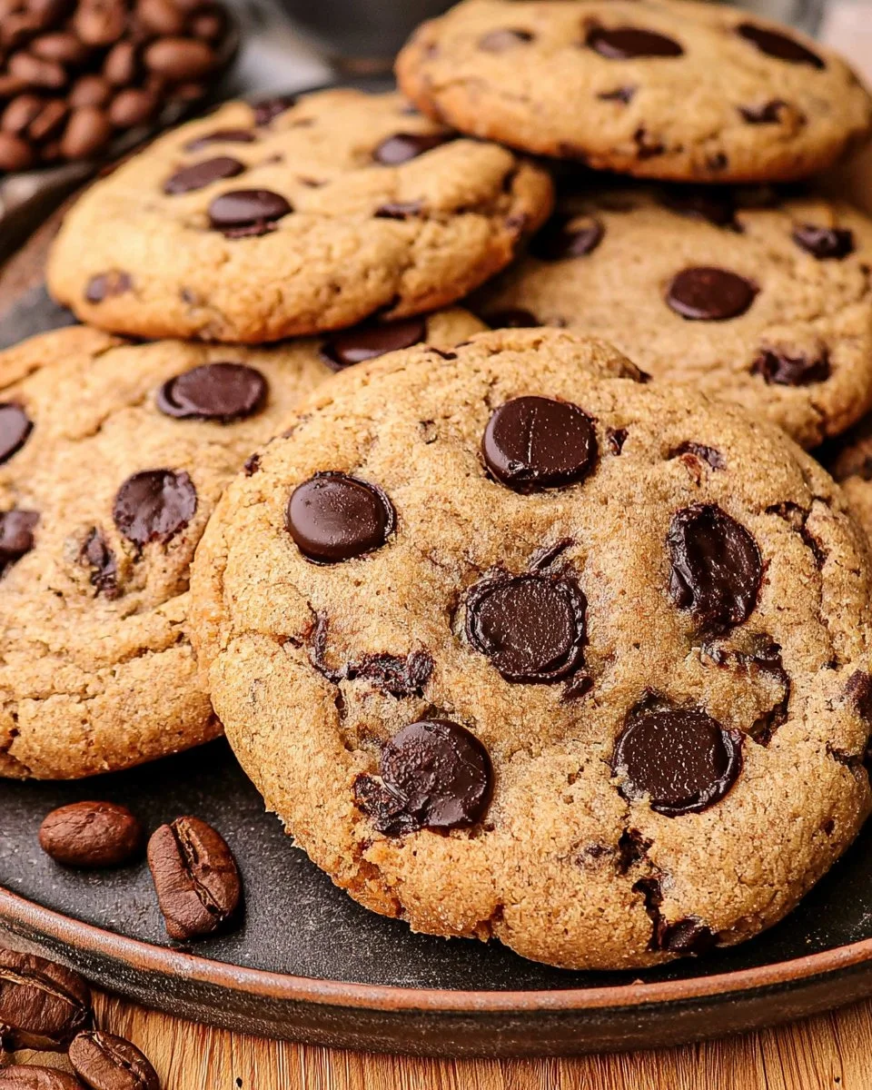 Delicious Espresso Chocolate Chip Cookies displayed on a rustic wooden table