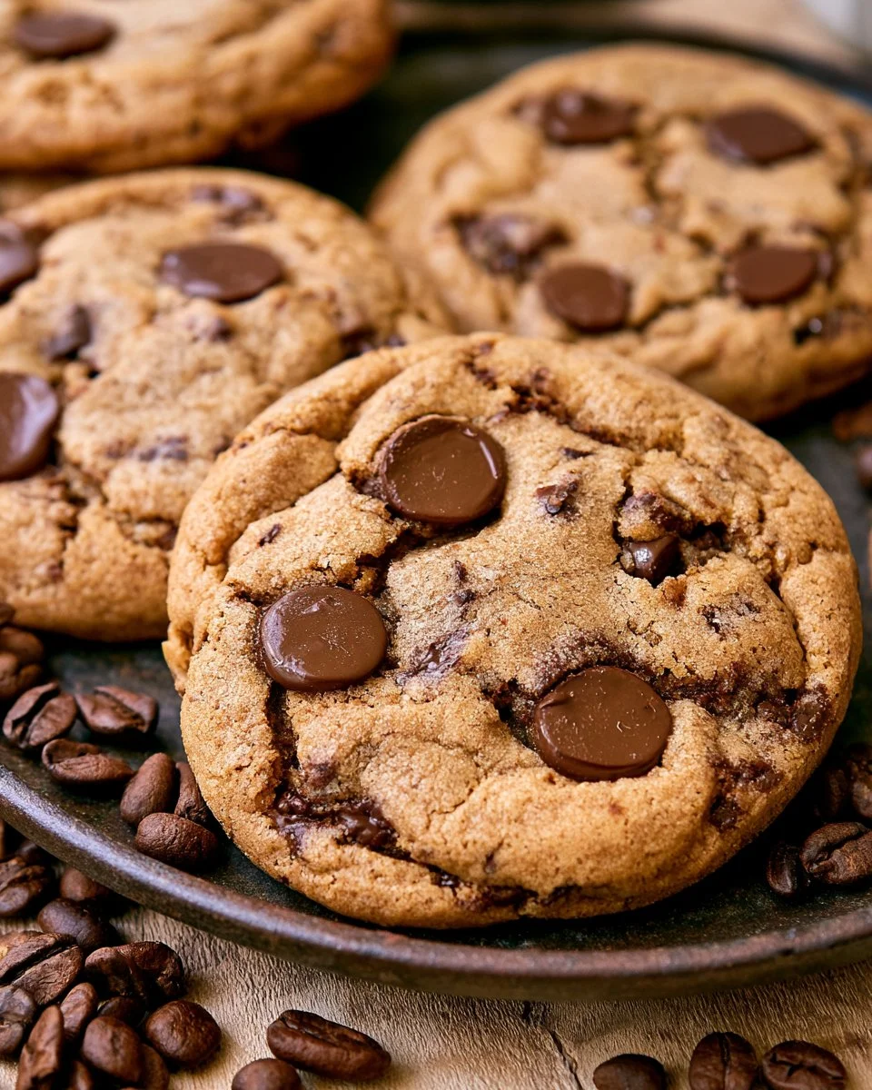 Freshly baked Espresso Chocolate Chip Cookies stacked on a plate.