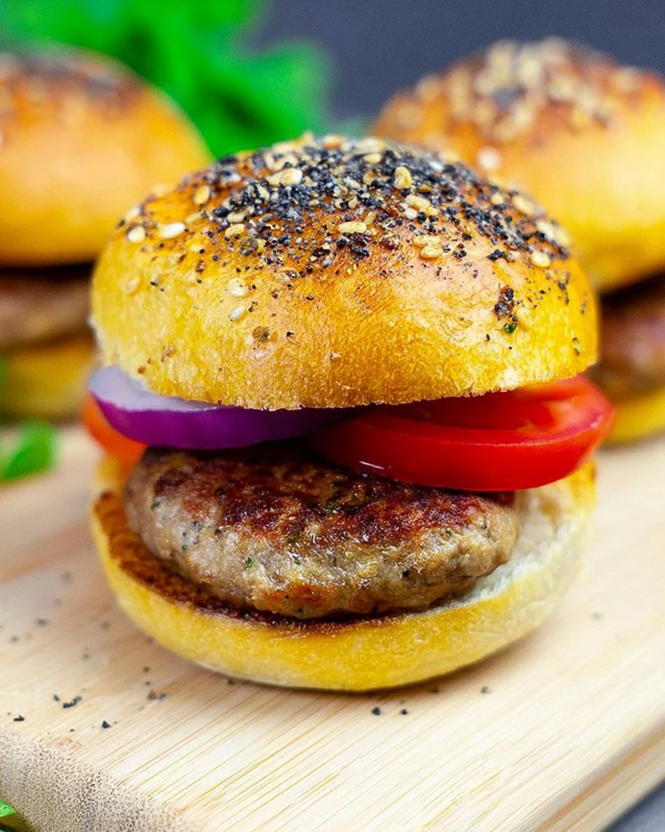 Freshly baked everything burger buns with seeds and toppings