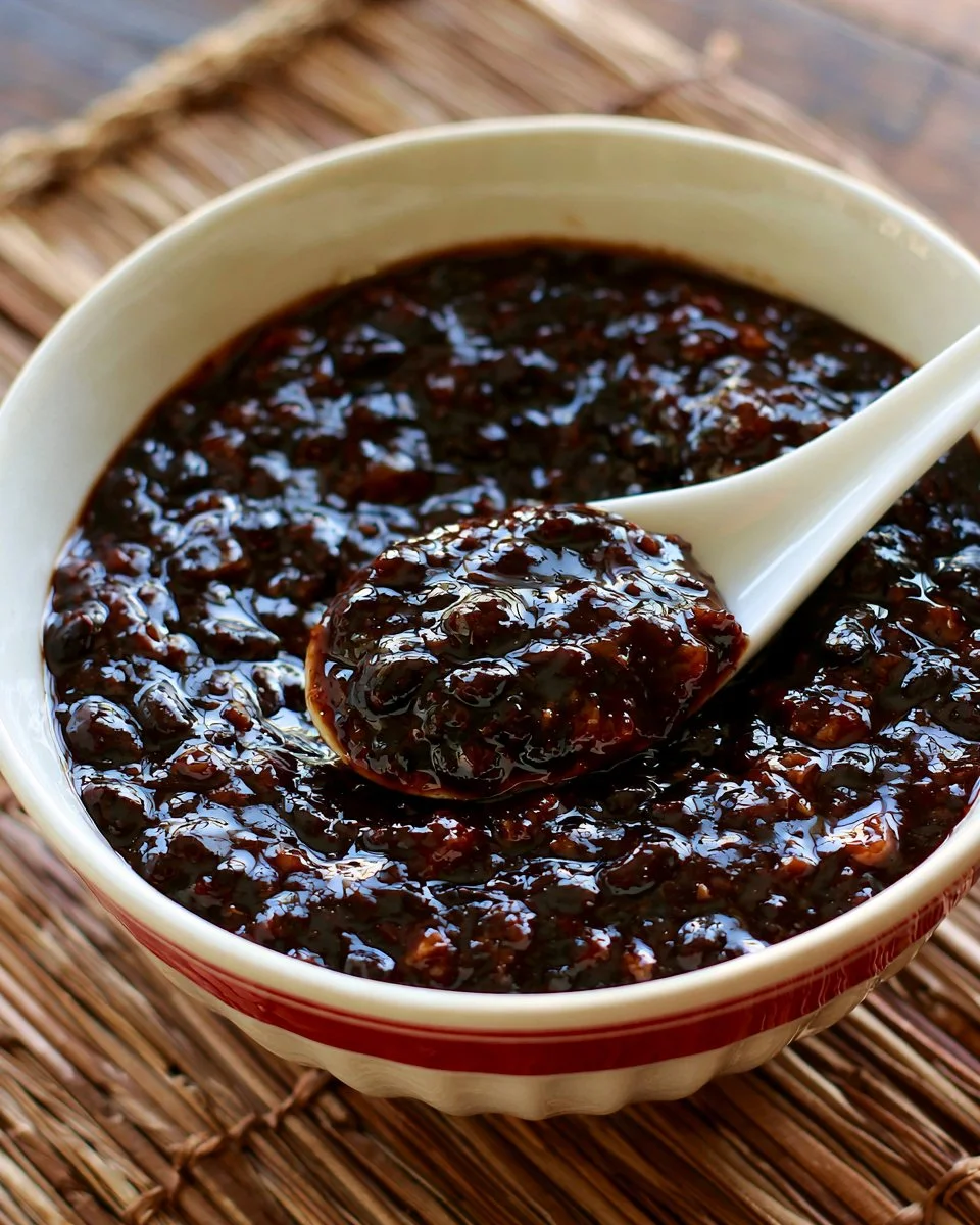 Bowl of fermented black bean sauce with traditional ingredients and spices
